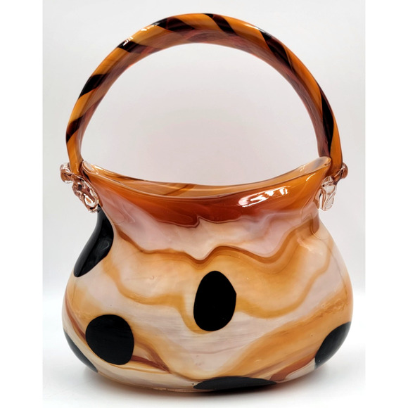 Murano Art Glass Handbag Planter Amber Black Swirl Twisted Handle Vase Italy - Picture 3 of 9